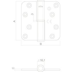 Kogelstift Paumelle DIN links afgerond 3,5"" x 3,5"" (89x89x3) RVS CE