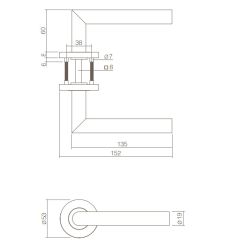 Deurkruk 1272 rechte Hoek 90°op rond rozet staal met 7mm nok RVS 
