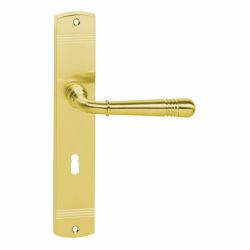 Deurkruk Emily op schild sleutelgat 72 mm messing gelakt