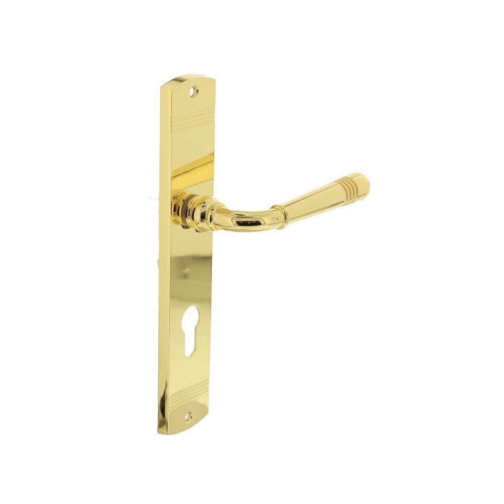 Deurkruk Emily op schild profielcilinder 72mm messing gelakt