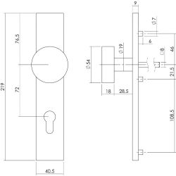 Knop rechthoek schild profielcilindergat 72 mm RVS