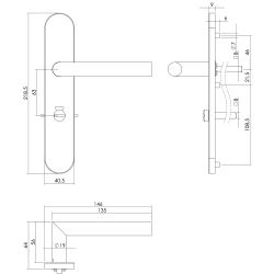 Deurkruk Hoek 90° op schild met toilet-/badkamersluiting 63 mm rechts rvs geborsteld