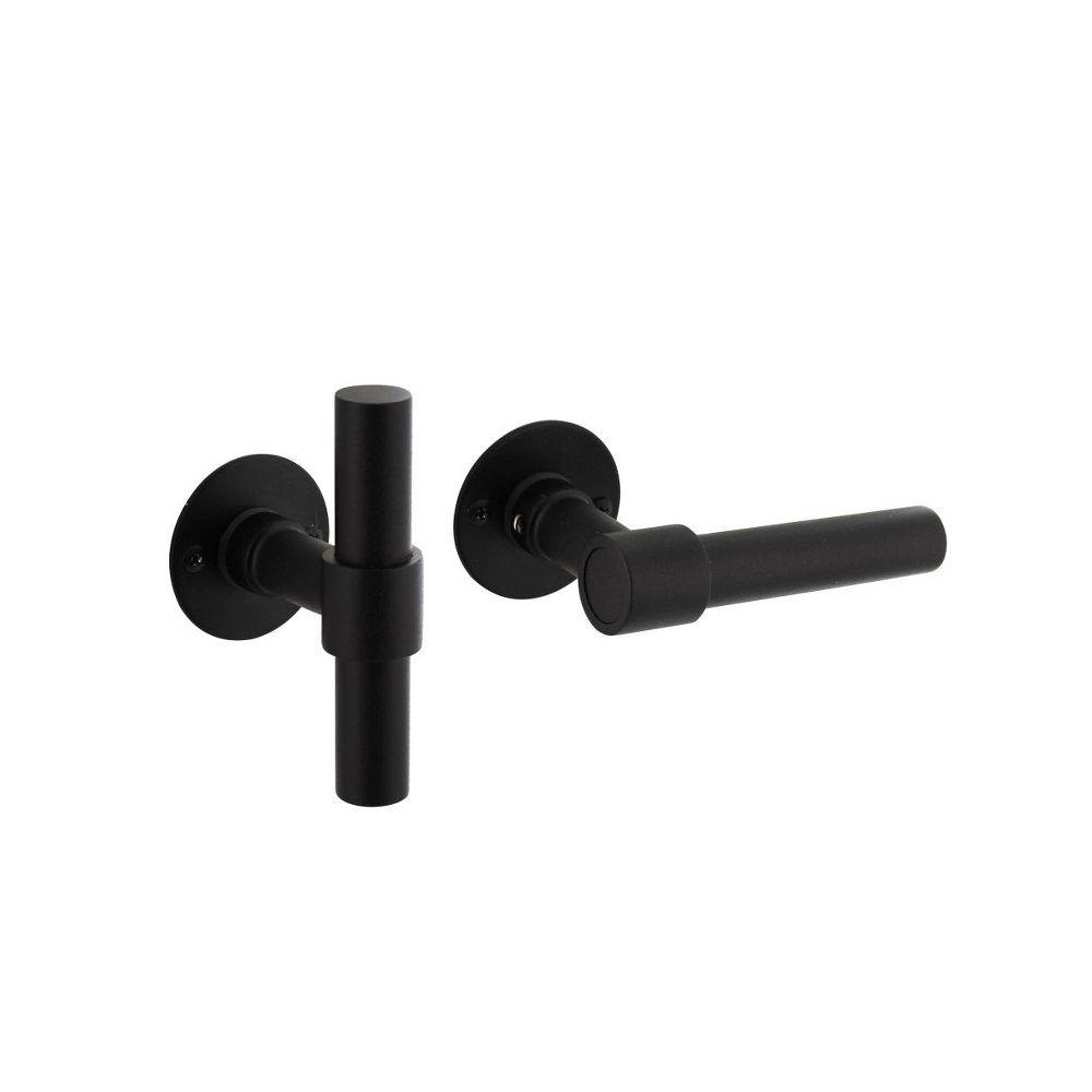 Deurkruk L/T-model recht, ronde platte rozet 50x2 mm RVS/mat zwart