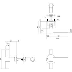 Gatdeel deurkruk T-model recht, ronde platte rozet 50x2 mm RVS/mat zwart