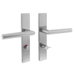 Deurkruk Hoek 90° rechts op rechthoekig  schild met toilet-/badkamersluiting 72/8 klein krukgat rvs geborsteld