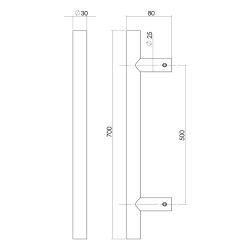 Deurgreep per stuk T-vorm 700x80x30 hart op hart 500mm RVS