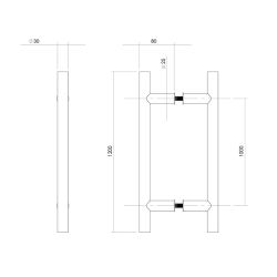 Deurgreep per paar T-vorm 1200x80x30 hart op hart 1000mm RVS