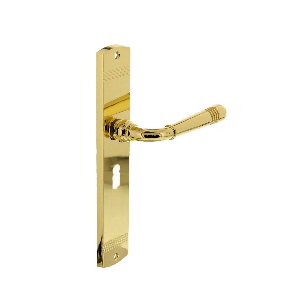 Deurkruk Emily op schild 235x45x8 mm met sleutelgat 56 mm messing gelakt