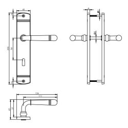 Deurkruk Emily op schild 235x45x8 mm met sleutelgat 56 mm messing gelakt