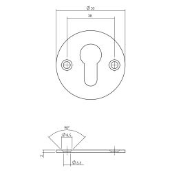 P+E Rozet profielcilindergat rond ø55x2mm met schroefgaten rvs geborsteld