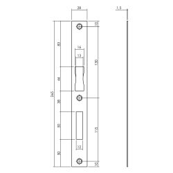 P+E Sluitplaat zonder lip voor projectsloten met dag- en nachtsschoot 265x28mm rvs geborsteld