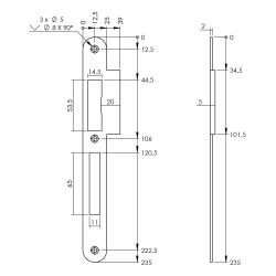 P+E Sluitplaat voor projectsloten met dag- en nachtschoot DIN links 235x25mm rvs geborsteld