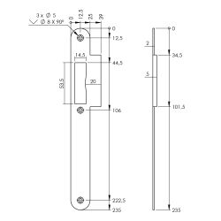 P+E Sluitplaat voor projectsloten met dagschoot DIN links 235x25mm rvs geborsteld 
