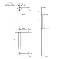 P+E Sluitplaat voor projectsloten met nachtschoot DIN links 235x25mm rvs geborsteld