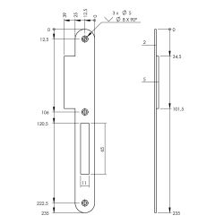 P+E Sluitplaat voor projectsloten met nachtschoot DIN rechts 235x25mm rvs geborsteld