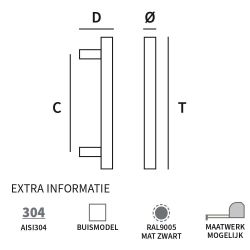 Handgreep Toronto T-model vierkant 1160x25mm - mat zwart