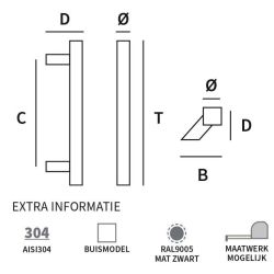 Handgreep Toronto T-model vierkant schuin 660x25mm - mat zwart