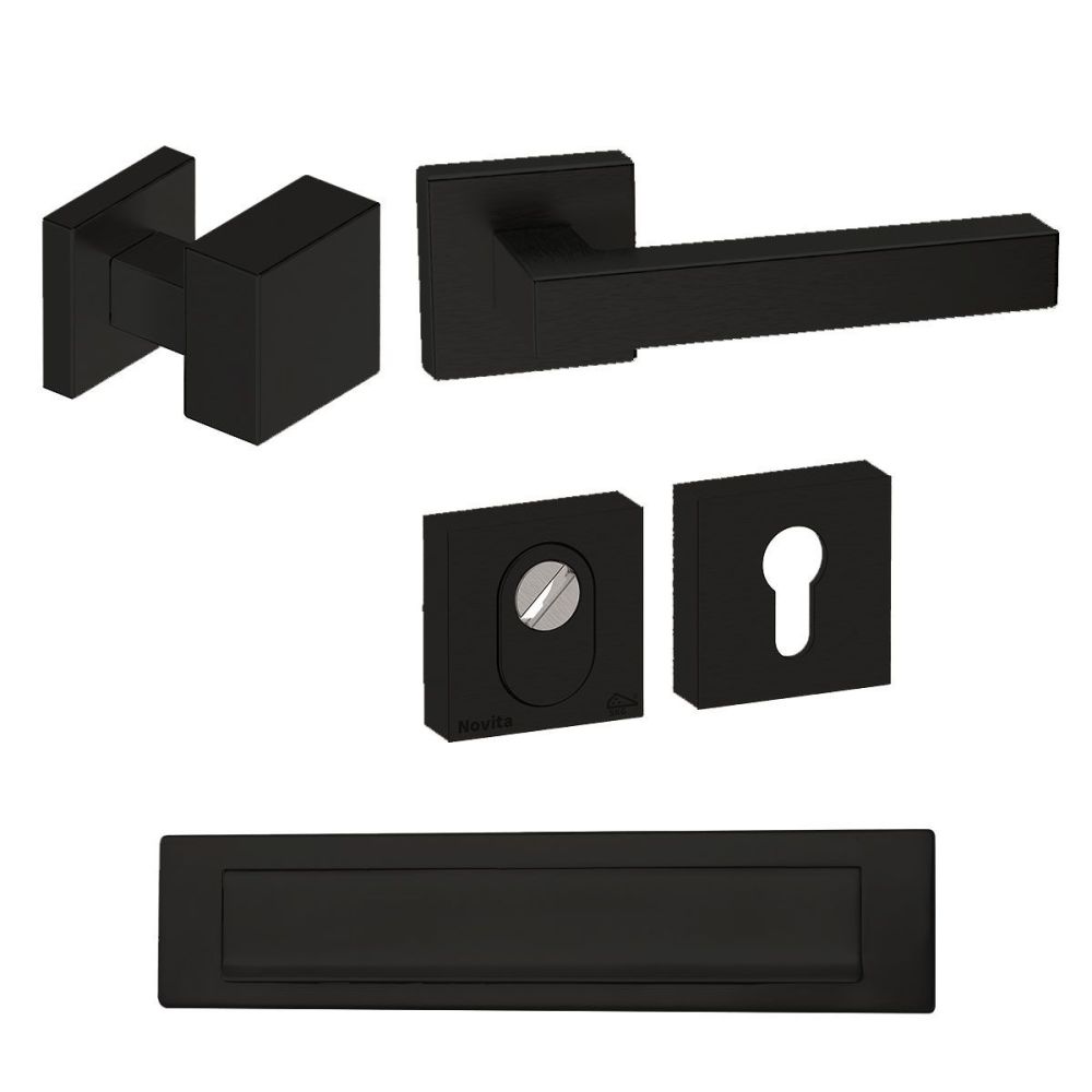 Voordeurset Quadro exc. vierkant zwart met anti-kerntrek SKG***