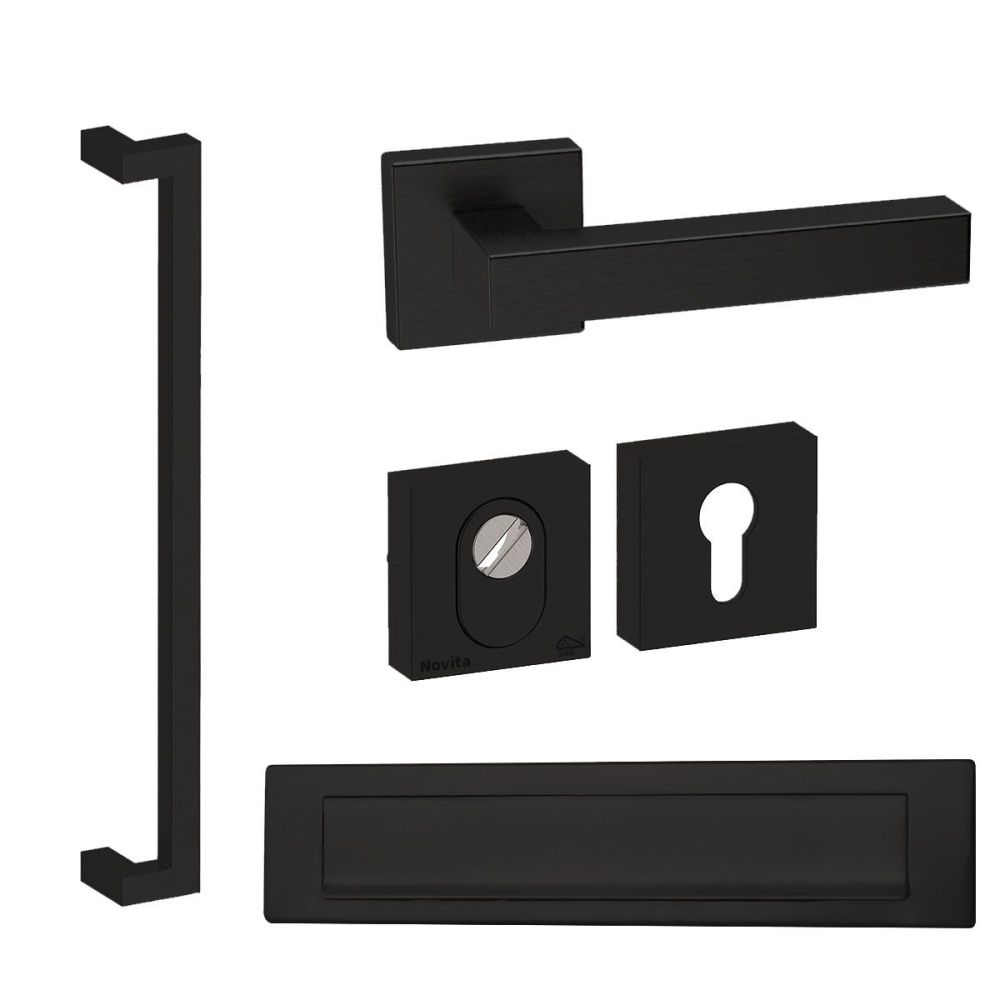 Voordeurset vierkant met greep Denver zwart anti-kerntrek SKG***