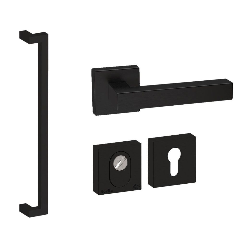 Voordeurset vierkant 3-delig met greep Denver zwart anti-kerntrek SKG***