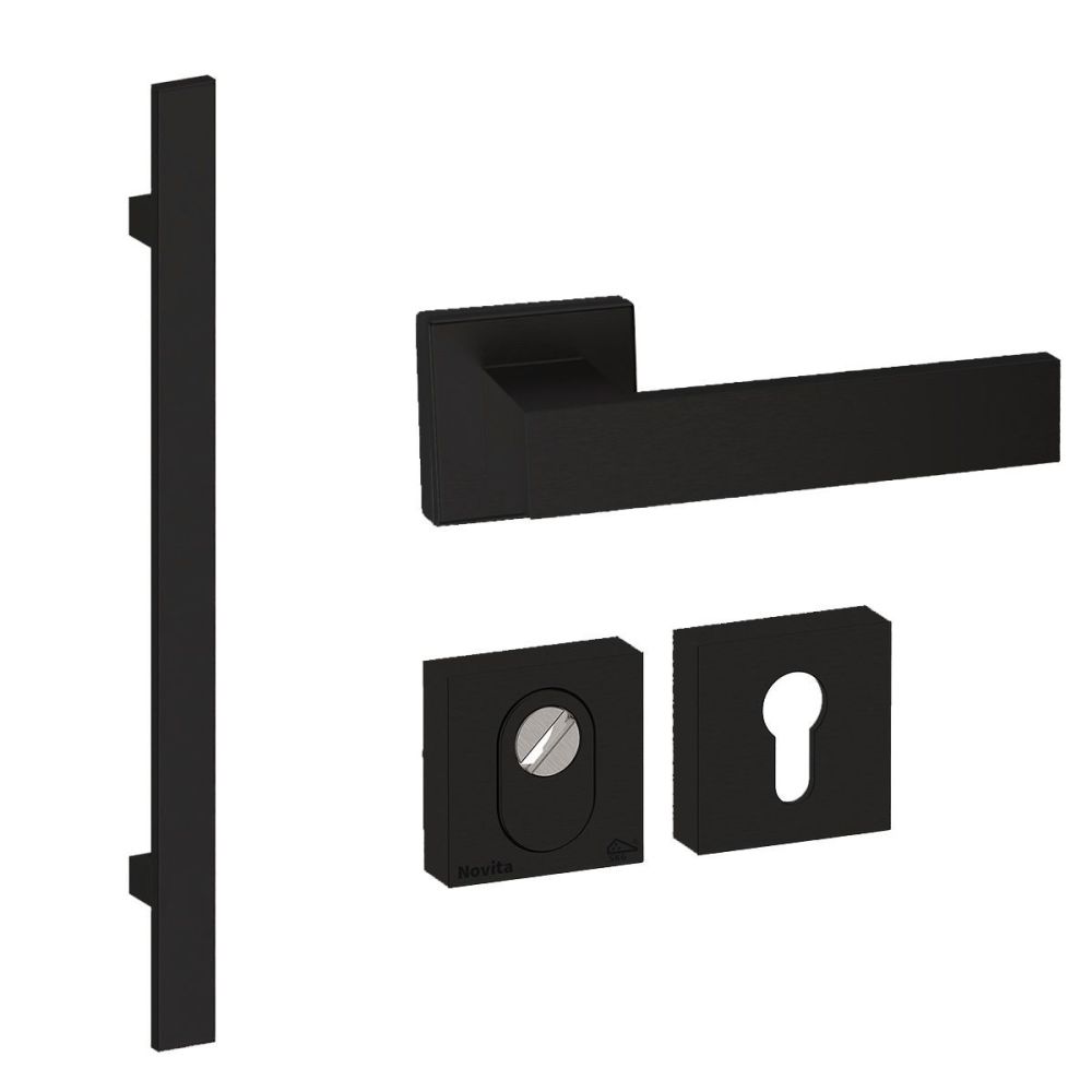 Voordeurset vierkant 3-delig met greep Miami zwart anti-kerntrek SKG***