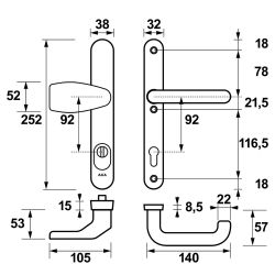 AXA veiligheidsbeslag voordeur Oval Plus smalschild Wing knop/U-kruk PC92 met kerntrekbeveiliging SKG3 - aluminium