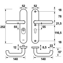 AXA veiligheidsbeslag achterdeur Oval Plus U kruk/kruk PC55 met kerntrekbeveiliging SKG3 - aluminium