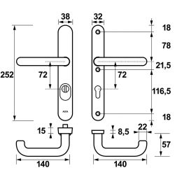 AXA veiligheidsbeslag achterdeur Oval Plus smalschild U kruk/kruk PC72 met kerntrekbeveiliging SKG3 - aluminium