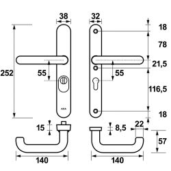 AXA veiligheidsbeslag achterdeur Oval Plus smalschild U kruk/kruk PC55 met kerntrekbeveiliging SKG3 - aluminium/zwart