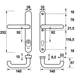 AXA veiligheidsbeslag achterdeur Oval Plus smalschild U kruk/kruk PC92 met kerntrekbeveiliging SKG3 - aluminium/zwart
