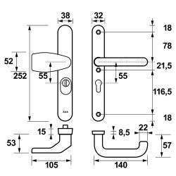 AXA veiligheidsbeslag voordeur Oval Plus smalschild Wing knop/U-kruk PC55 met kerntrekbeveiliging SKG3 - aluminium/zwart