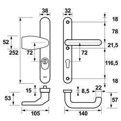 AXA veiligheidsbeslag voordeur Oval Plus smalschild Wing knop/U-kruk PC72 met kerntrekbeveiliging SKG3 - aluminium/zwart