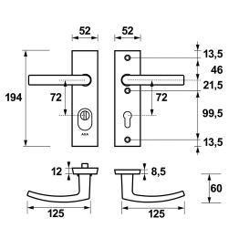 AXA veiligheidsbeslag achterdeur Edge Plus rechth. kortschild Blok kruk/kruk PC72 met kerntrekbeveiliging SKG3 - aluminium/zwart