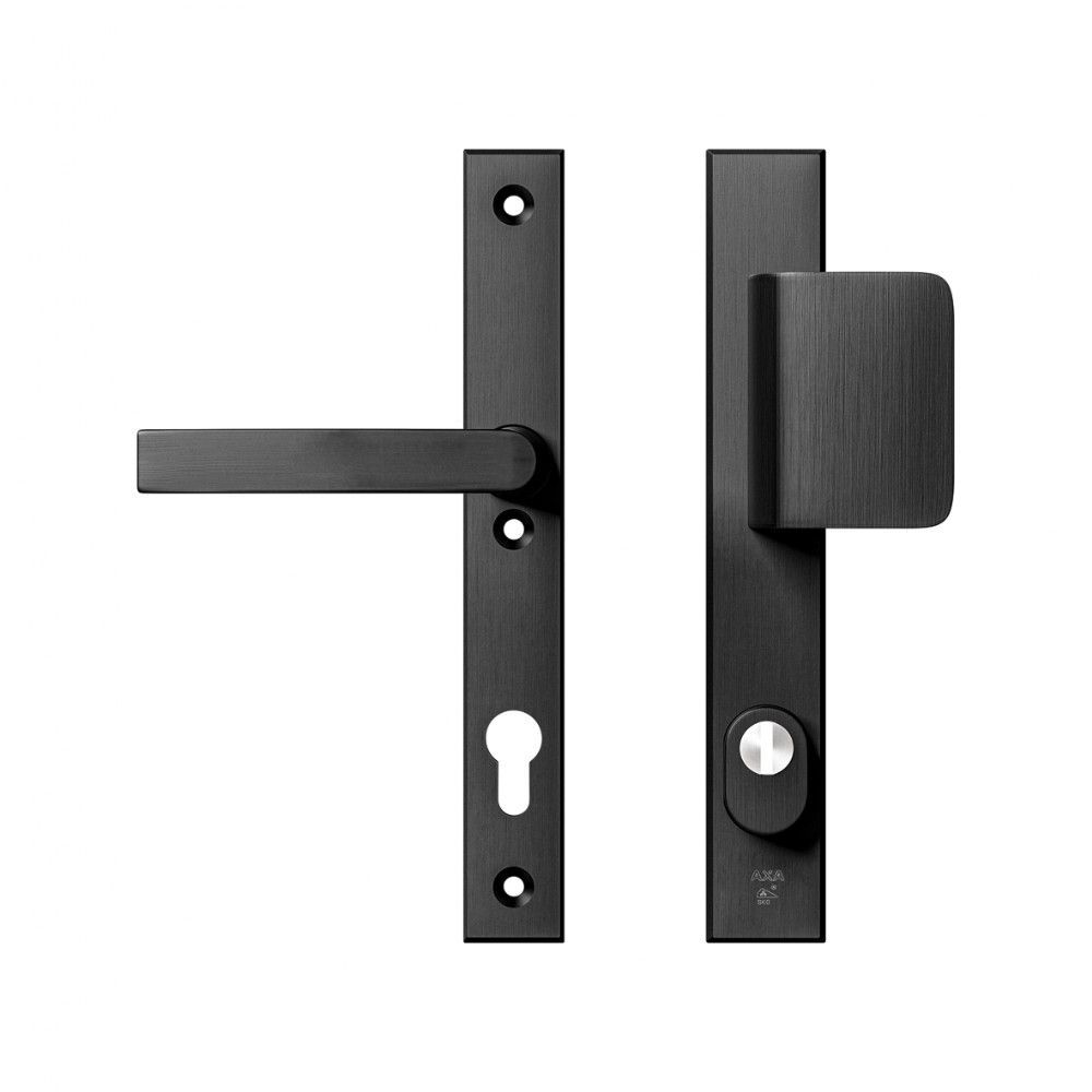 AXA veiligheidsbeslag voordeur Edge Plus rechth. smalschild D-knop/Blok-kruk PC92 met kerntrekbeveiliging SKG3 - aluminium/zwart