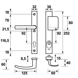 AXA veiligheidsbeslag voordeur Edge Plus rechth. smalschild D-knop/Blok-kruk PC92 met kerntrekbeveiliging SKG3 - aluminium/zwart