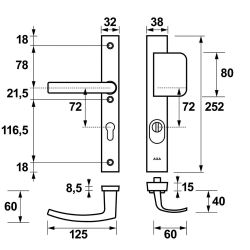 AXA veiligheidsbeslag voordeur Edge Plus rechth. smalschild D-knop/Blok-kruk PC72 met kerntrekbeveiliging SKG3 - aluminium/zwart