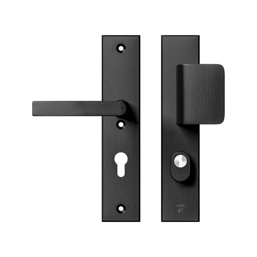AXA veiligheidsbeslag voordeur Edge Plus rechthoekig schild D-knop/Blok-kruk PC72 met kerntrekbeveiliging SKG3 - aluminium/zwart