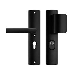 AXA Curve Plus veiligheidsbeslag voordeur gebogen schild D-knop/Blok-kruk PC55 met kerntrekbeveiliging SKG3 - aluminium/zwart