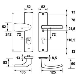AXA Curve Plus veiligheidsbeslag voordeur gebogen schild Wing-knop/Blok-kruk PC72 met kerntrekbeveiliging SKG3 - aluminium