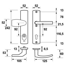 AXA Curve Plus veiligheidsbeslag voordeur gebogen schild Wing-knop/Blok-kruk PC92 met kerntrekbeveiliging SKG3 - aluminium