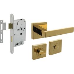 Intersteel deurbeslag set toiletslot 63/8mm wit met deurkruk Hera op rozet 55x55mm en WC-sluiting - PVD messingkleur