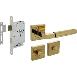 Intersteel deurbeslag set toiletslot 63/8mm wit met deurkruk Baustil op rozet 55x55mm en WC-sluiting - PVD messingkleur