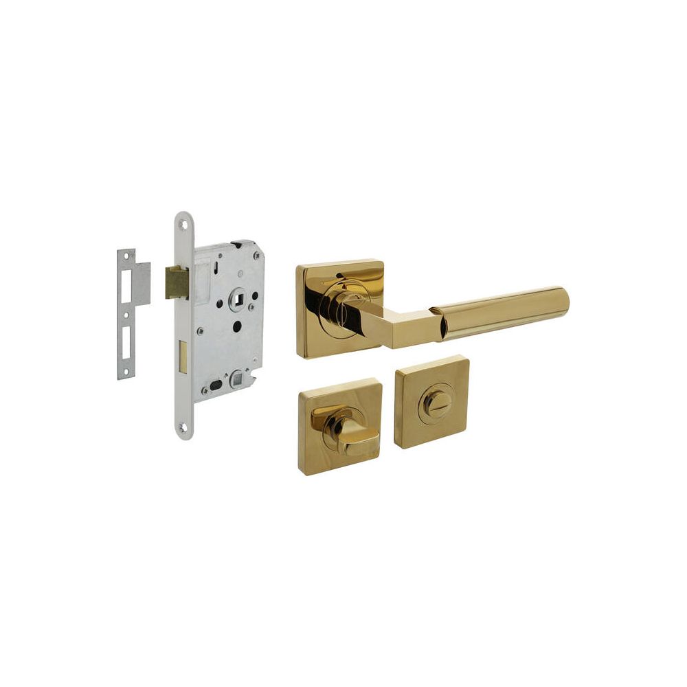 Intersteel deurbeslag set toiletslot 63/8mm wit met deurkruk Baustil op rozet 55x55mm en WC-sluiting - PVD messingkleur