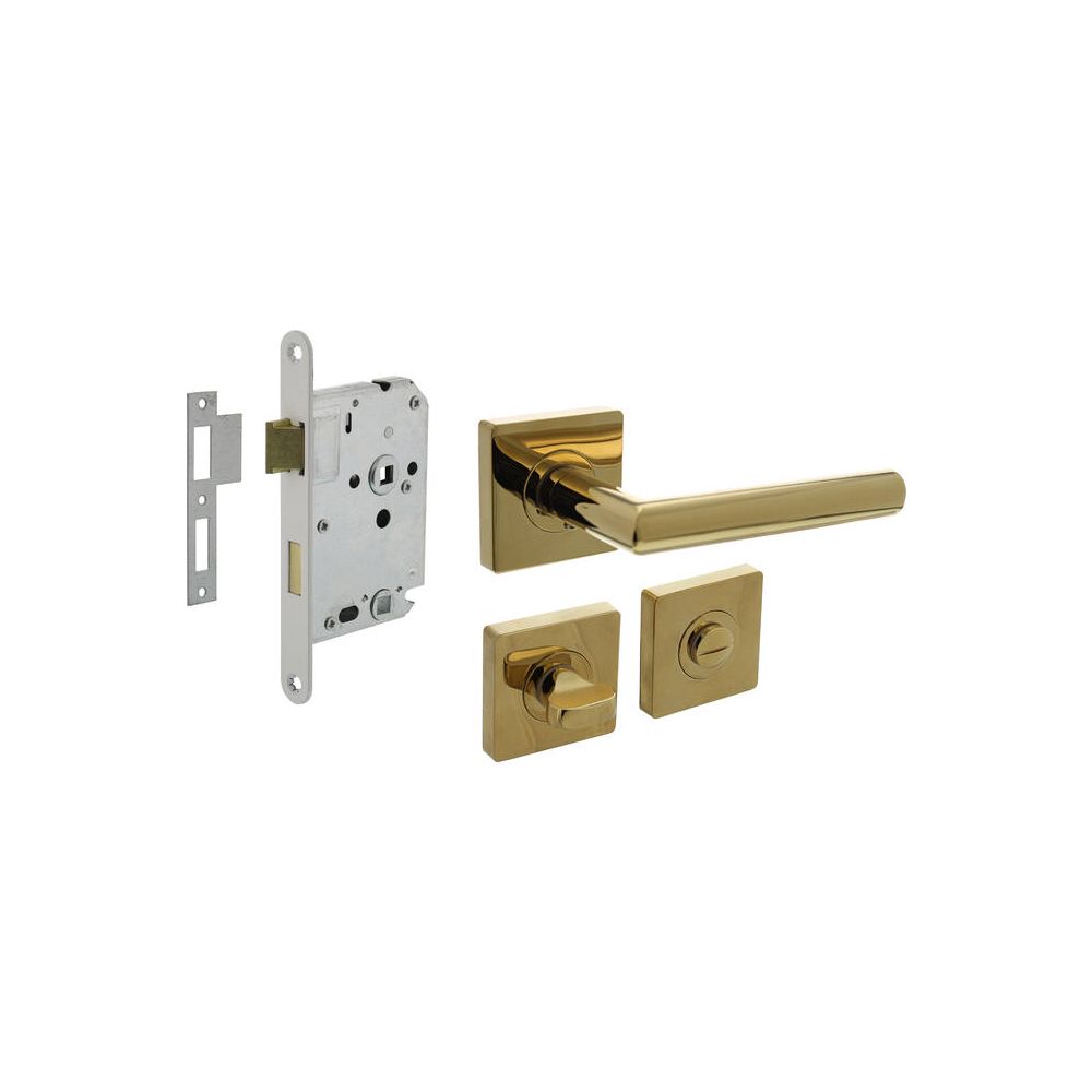 Intersteel deurbeslag set toiletslot 63/8mm wit met deurkruk Bastian op rozet 55x55mm en WC-sluiting - PVD messingkleur