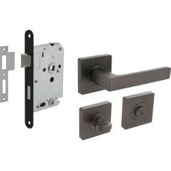 Intersteel set toiletslot 63/8mm zwart met deurkruk Hera op rozet 55x55mm en WC-sluiting - antraciet grijs