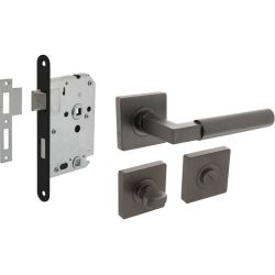 Intersteel set toiletslot 63/8mm zwart met deurkruk Baustil op rozet 55x55mm en WC-sluiting - antraciet grijs