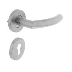 Deurkruk half rond/hoek 90°op rozet met profielcilindergat plaatjes neutraal RVS 