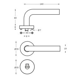 Deurkruk half rond/hoek 90°op rozet met WC8mm neutraal RVS 
