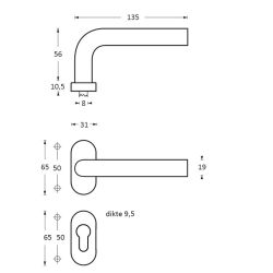 Deurkruk 1235 Hoek 90°op rozet ovaal staal dubbel geveerd met profielcilinder plaatjes RVS 
