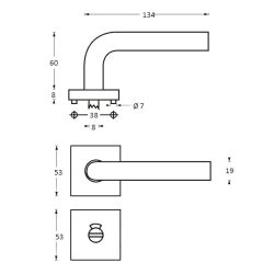 Deurkruk 1242 rechte Hoek 90°op rozet vierkant met WC8mm RVS 